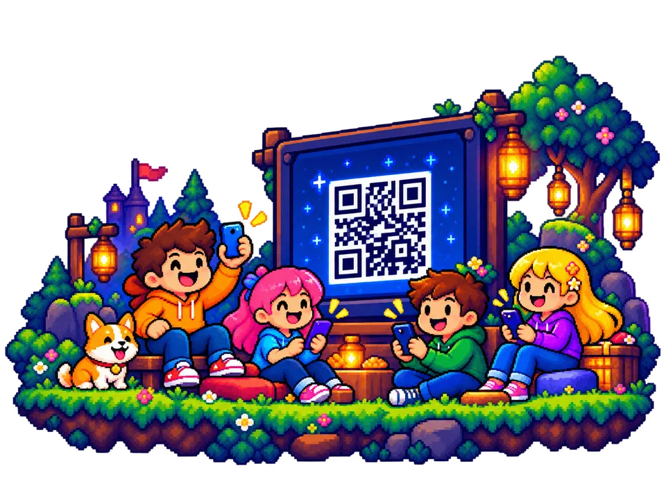 Friends with phones in front of a screen with a QR code